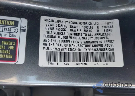 2011 Honda Insight Ex из США, поврежденный, VIN JHMZE2H71BS002190